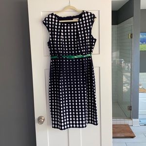 Dress Barn navy and white dress with green belt